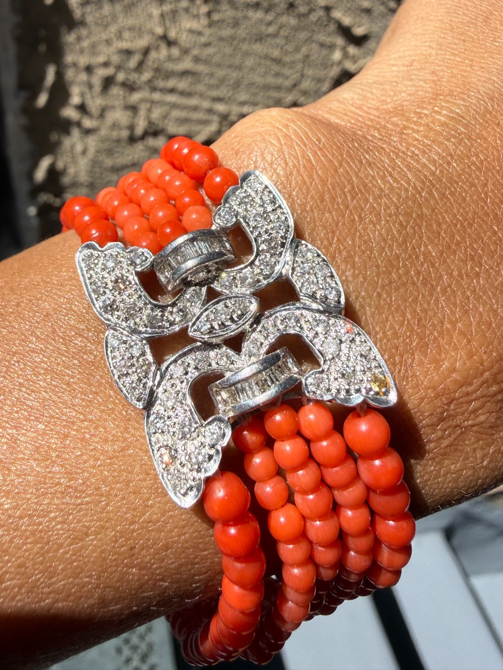 Rare Mediterranean Coral Beads With Diamonds In Platinum.